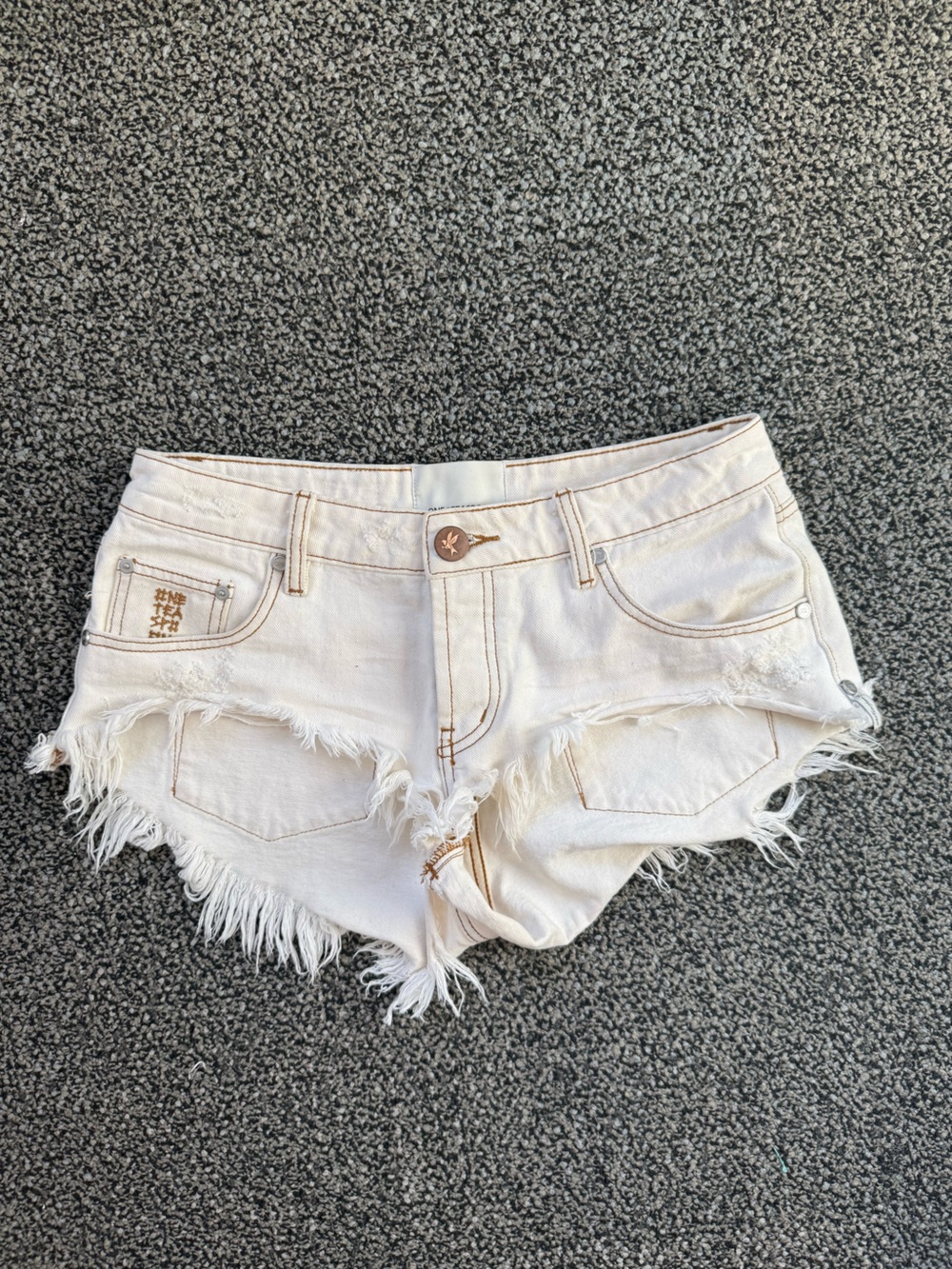 One Teaspoon Cream Frayed Hem Denim Shorts